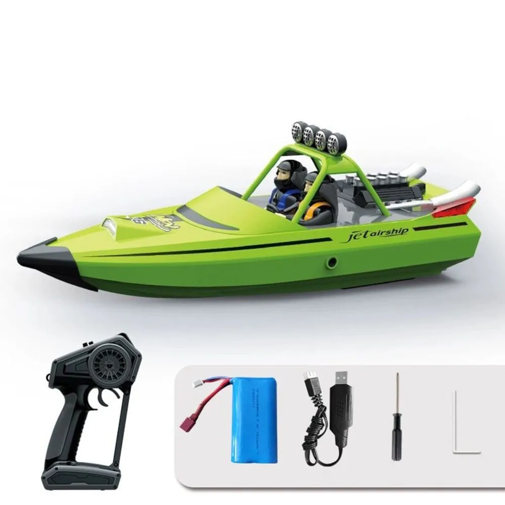 Bateau RC RTR 2.4GHz 200m vert avec lumières, vue arrière montrant l'hélice.