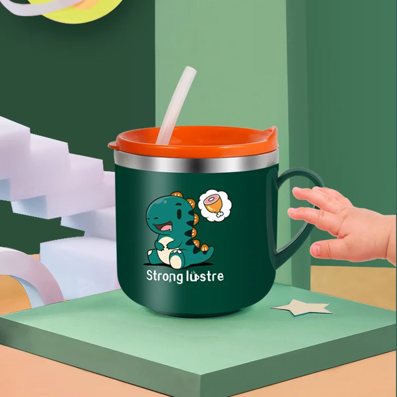 Kids Drinking Feeding Straw Baby Cup 304 Stainless Steel Milk Cup with Lid Straw Cartoon One Hand Grip Anti Drop Water Bottle 4