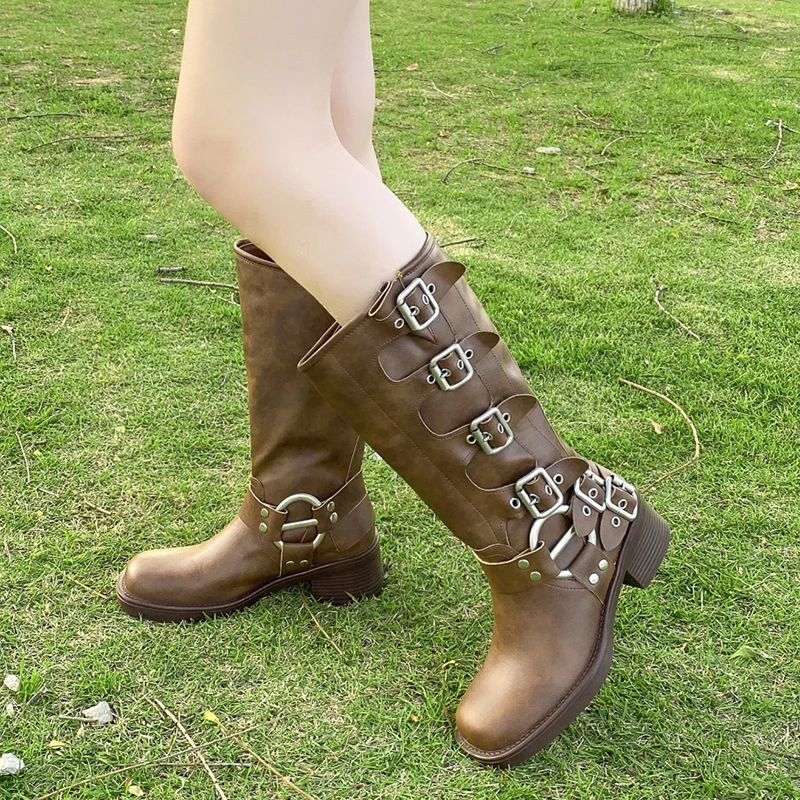 Metal Buckle Square Toe Knee High Boots Women PU Leather Punk Long Boots Autumn Chunky Heels Motorcycle Booties women knee boots