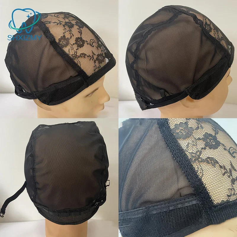 Berretto per parrucca in pizzo per realizzare parrucche 56 cm con cinghie regolabili Tessitura elasticizzata Berretto con parte a U Cappello per retine per capelli a cupola da donna nera - immagine 6
