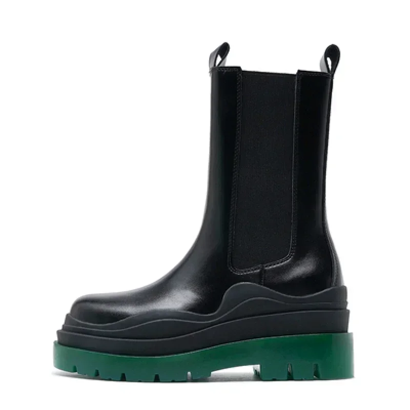 

Women Chelsea Genuine Leather Boots Platform Height Increasing Woman British Style Thick Bottom Cow Leather Mixed Colors Shoes