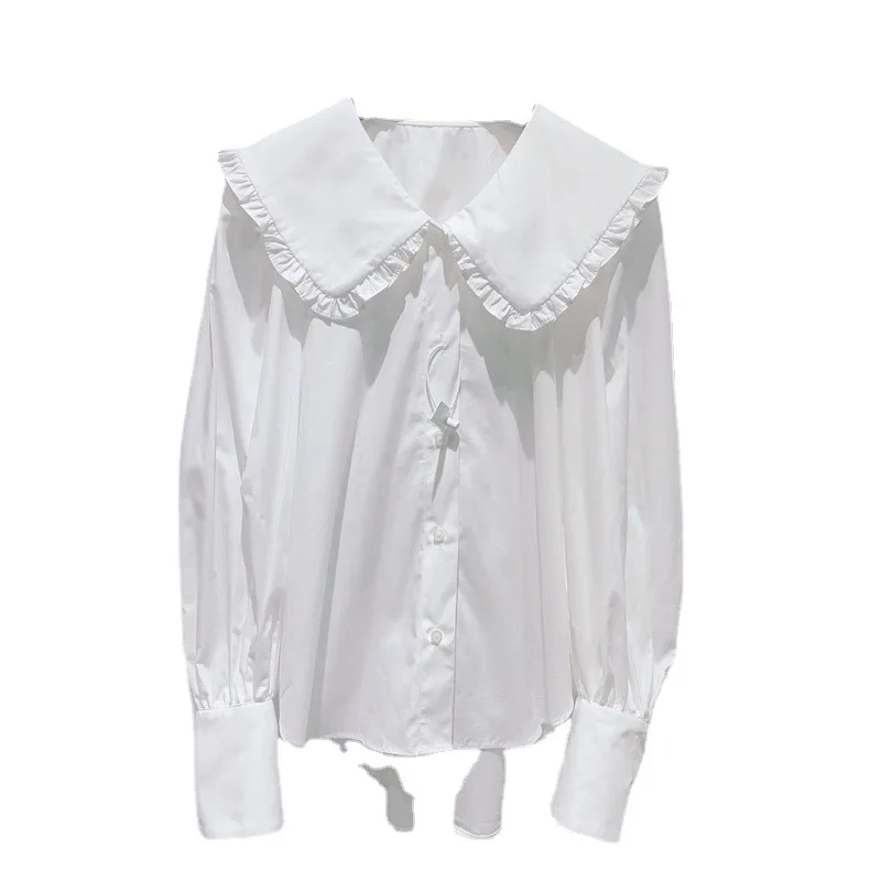 

100%Cotton Shirts 2023 Spring Summer Fashion Style Ladies Peter Pan Collar Long Sleeve Casual Basic Shirts White Button Blouse