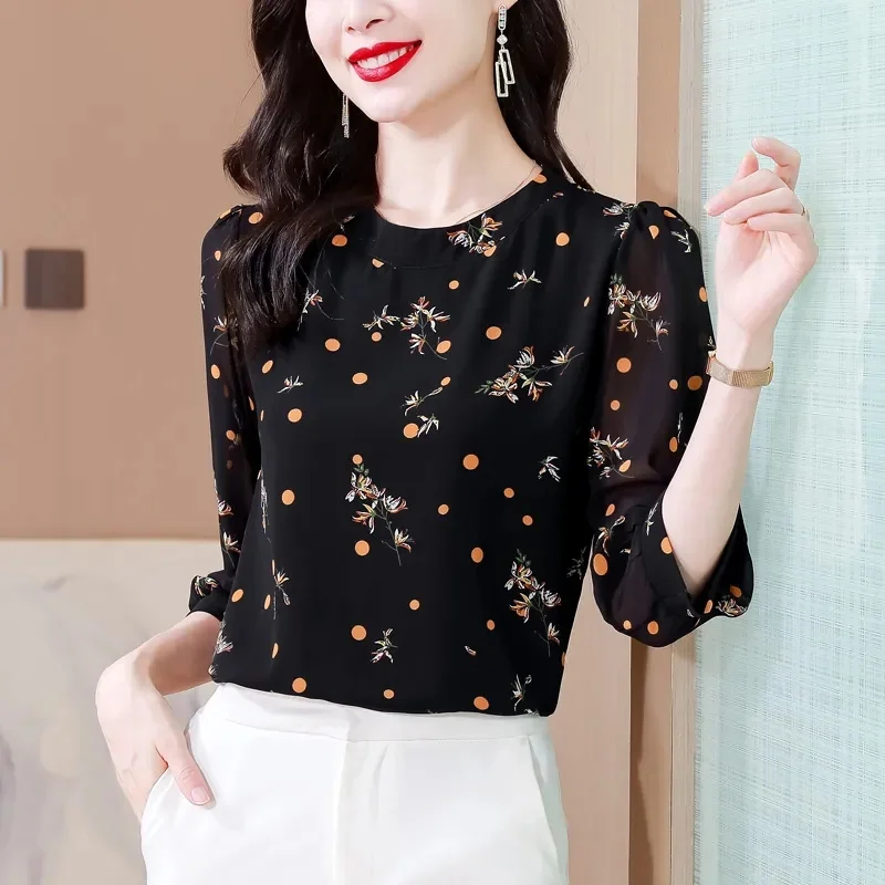 

Mulberry Silk Shirt Women's 3/4 Sleeves Fashion Small Shirt Summer New Beautiful Loose Covering Belly Chiffon Top