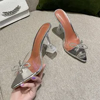 Big size 35-45 Rhinestones Bowknot Transparent PVC Women Slippers Elegant High heels Summer Shoes Sandals Fashion  Mules Slides - Image 2