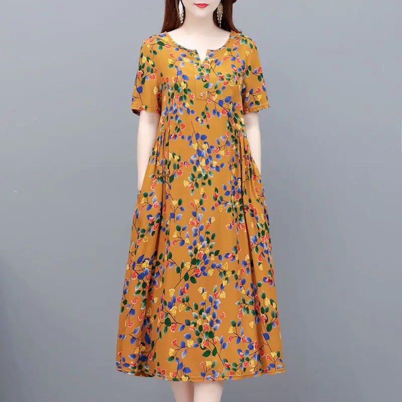 Vintage Floral A-Line Midi Dress - Short Sleeve V-Neck Casual Elegance