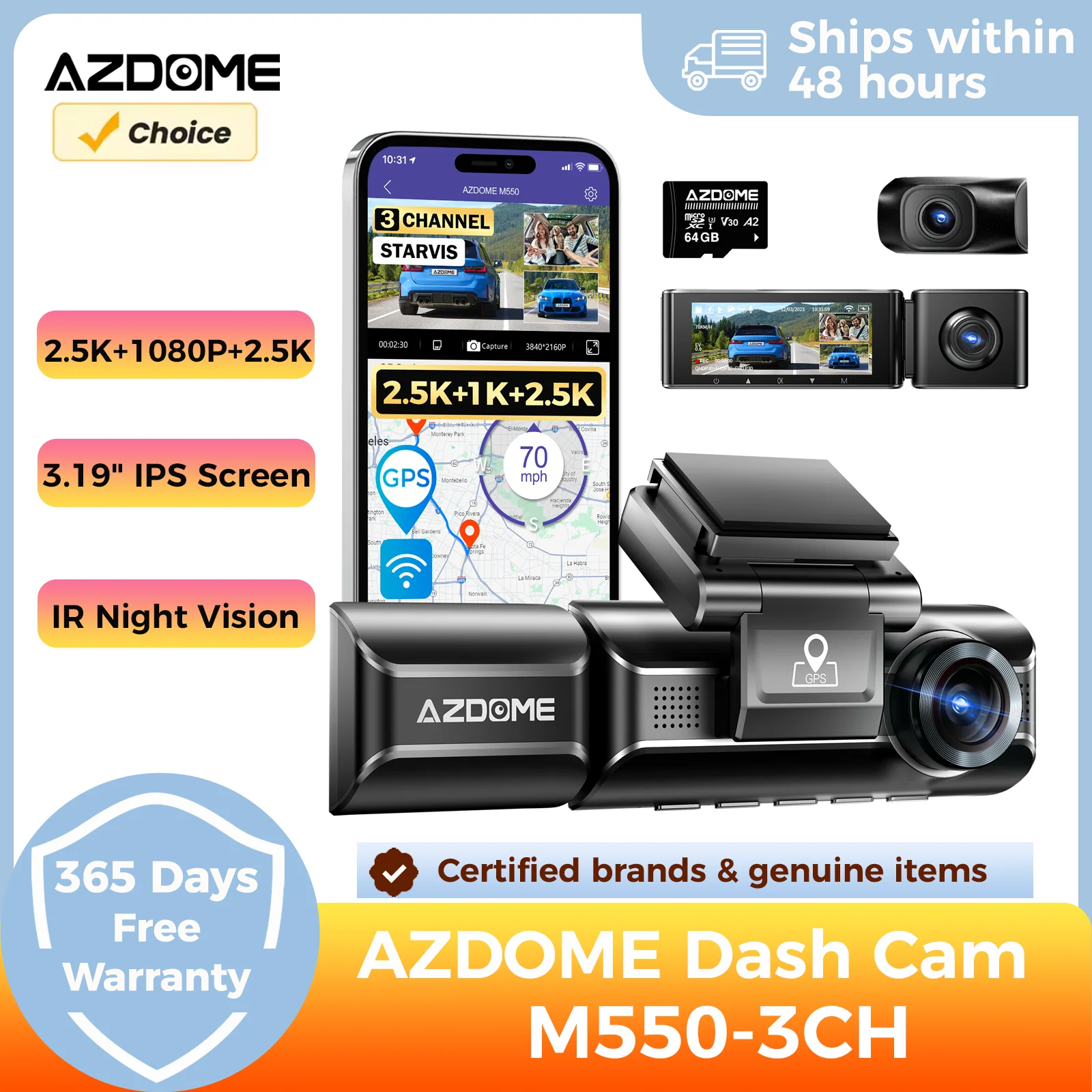AZDOME M550 3チャンネルドライブレコーダー 2.5K+1080P+2.5K WDR搭載 