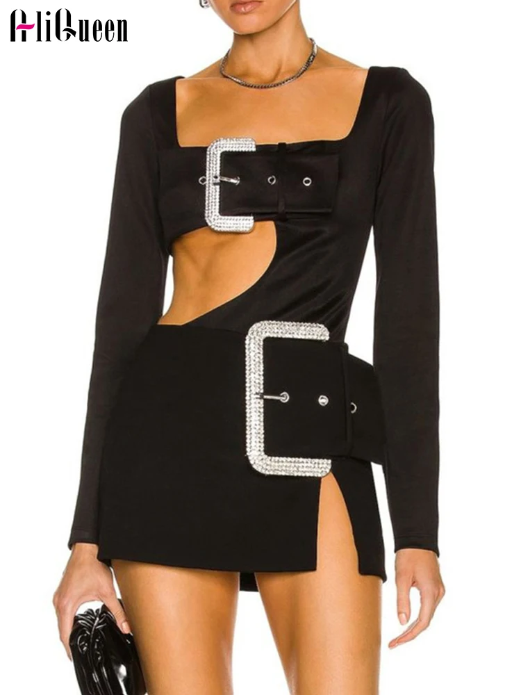 

Autumn Sexy Long Sleeve Square Collar Diamonds Jumpsuit Female Buckle Belt Hollow Out Waist Bodysuits Short Skirt Two Piece Set