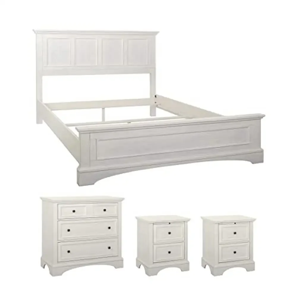 Rustic 4-Piece Bedroom Set Queen Bed Nightstands 3-Drawer Chest Farmhouse Basics White Finish Queen Bed 2 Nightstands 3-Drawer