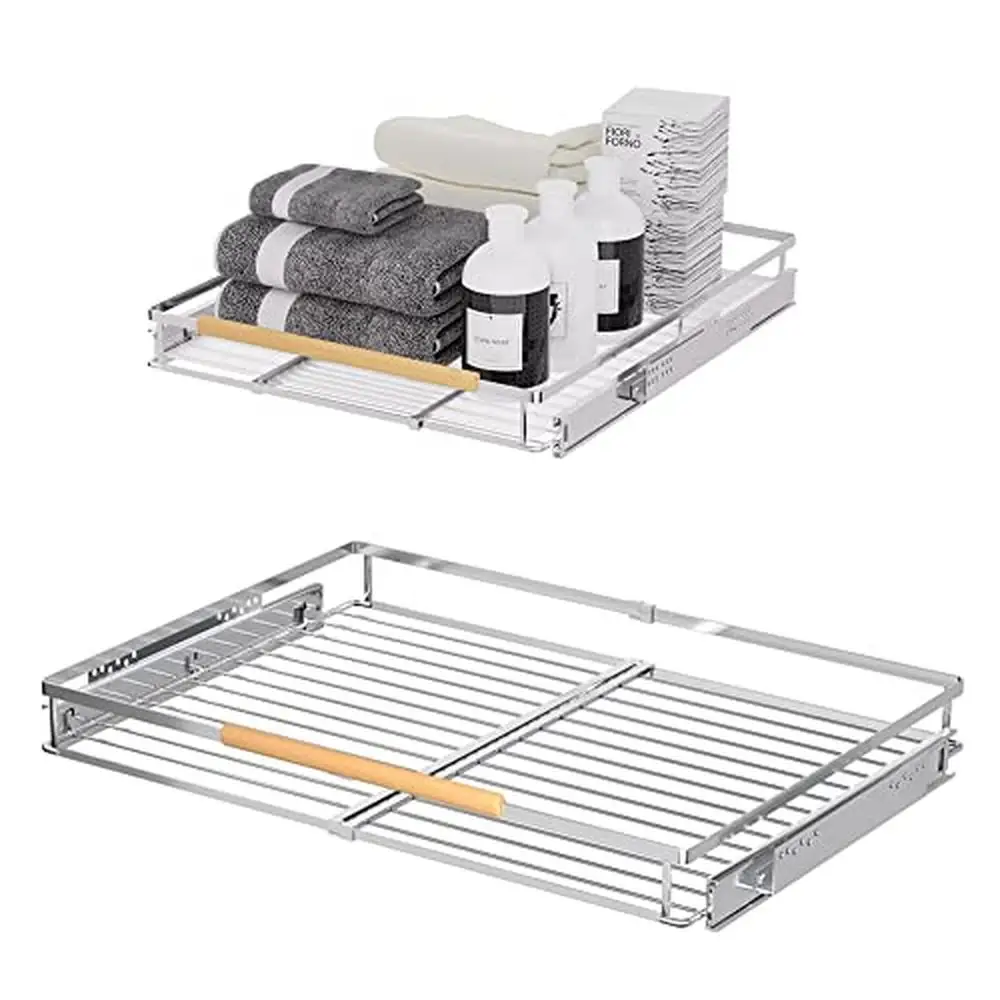 Sliding Basket Pull-Out Cabinet Organizer Set Heavy Duty Pantry Storage Shelves Kitchen Under Sink Expandable Stainless Steel