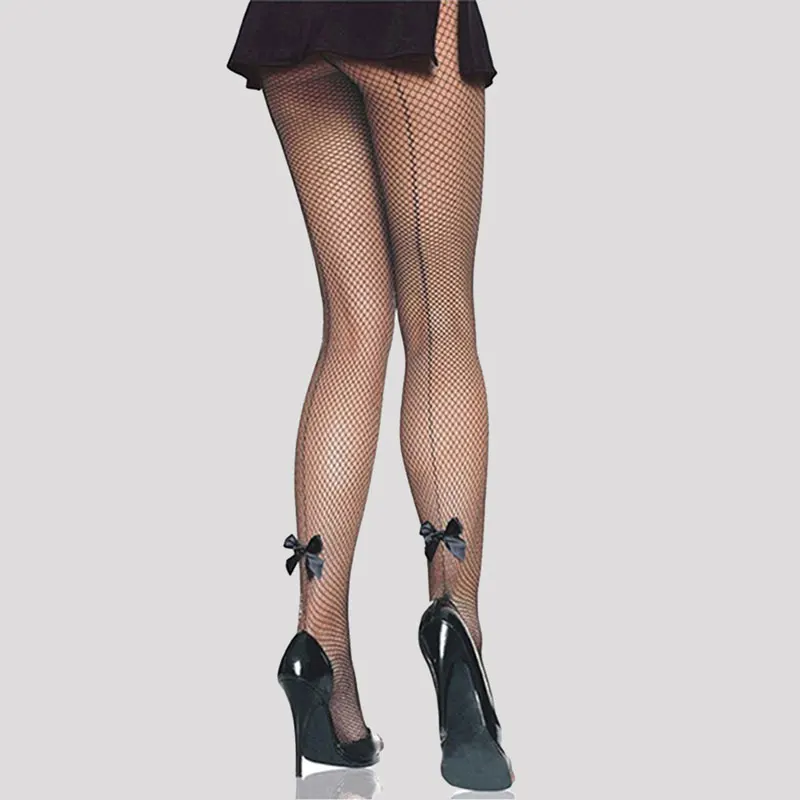 

Sexy Pantyhose Back Seam Tights Plus Size Women Black Lace bowknot Rhinestones Sheer Nylon Fishnet Stockings Collant Femme Bow