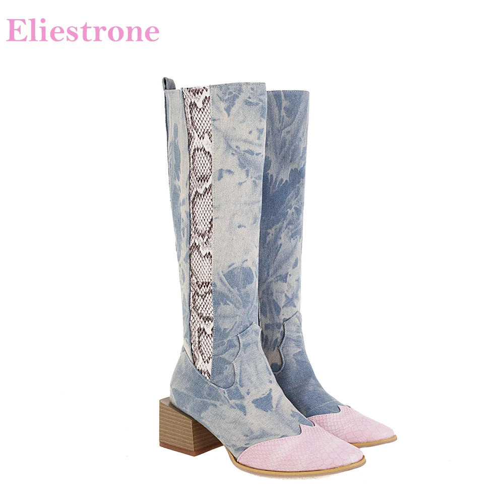 

2022 Winter New Mature Pink Black Women Knee High Boots Hot Med Chunky Heel Lady Dress Shoes Plus Big Size 12 43 45 48