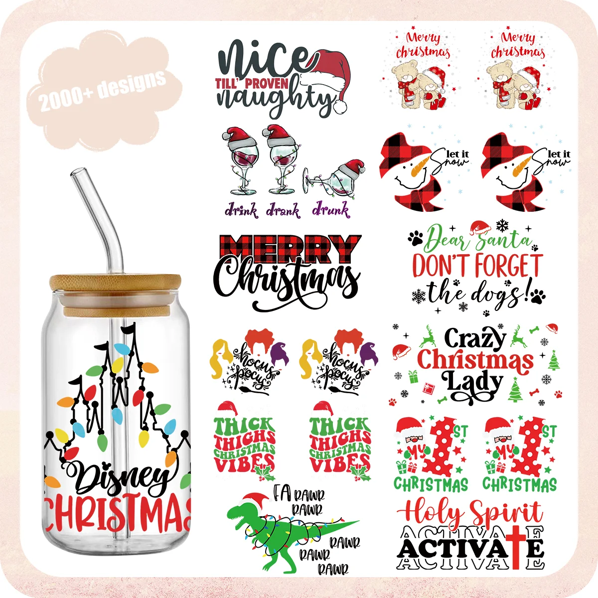 

UV DTF Transfer Stickers Christmas Themed Libbey Cup Wrap Iron For Glass 16oz Glass Cup Custom