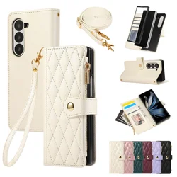 Zipper Leather Wristlet Wallet Phone Case with Card Holder and Buckle Closure - Samsung Z Fold 7 (Beige)