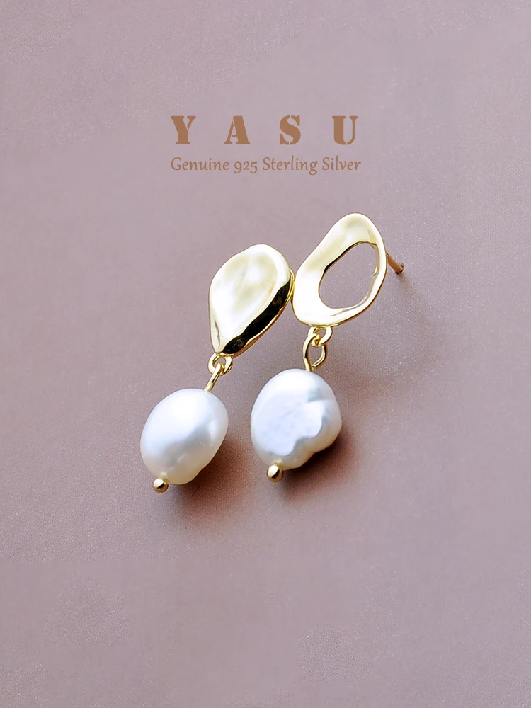 

Yasu 925 Sterling Silver Asymmetric Baroque Natural Freshwater Pear Stud Earrings for Women 14K Gold Plated Jewelry Accessories