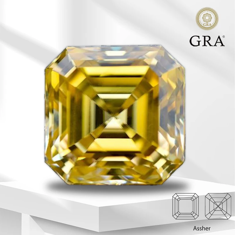 

Moissanite Gemstone Golden Yellow Color Asscher Cut Lab Grown Diamond for DIY Charms Women Jewelry Making with GRA Certificate