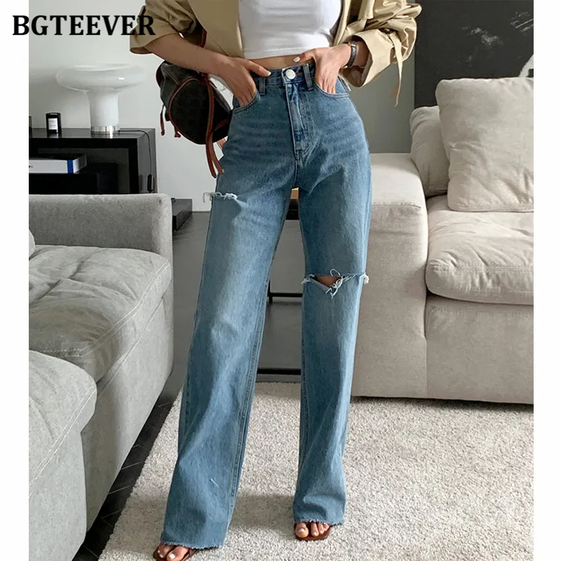 

Брюки женские джинсовые прямые с завышенной талией, рваные