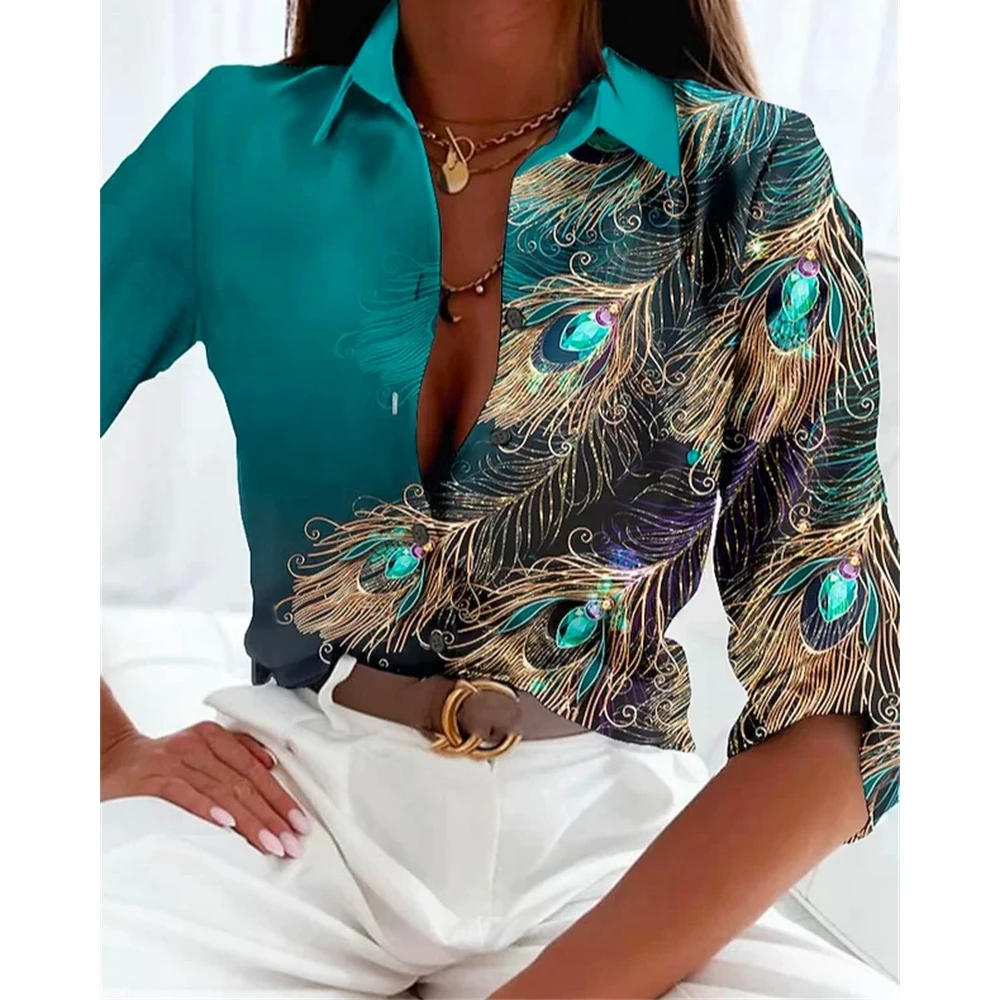 Gem Peacock Feather Print Buttoned Long Sleeve Shirt for Women 2023 Autumn Female Casual Turn-down Collar Blouse Workwear Top new fashion print long chiffon silk scarves designer woman fashion new design peacock flower print scarves