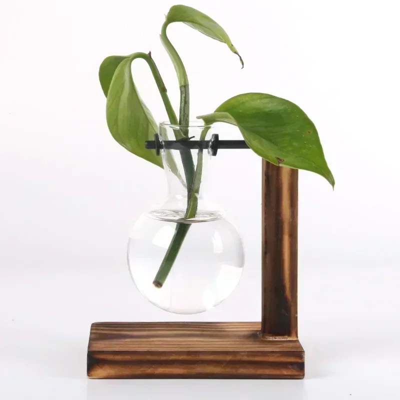 Bulb vase with Wooden Stand Desktop Glass Planter For Hydroponics Plants Coffee Shop Room Decor