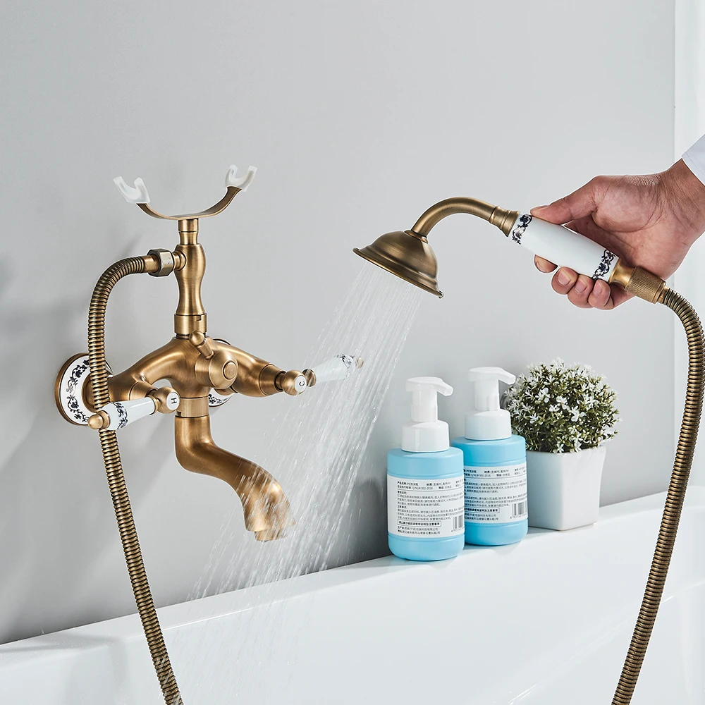 Golden Bathtub Faucets Wall Bathroom Bath Shower Faucet Brass Mixer Tap Swivel Spout Bath Tub Shower Mixers Telephone Style 3
