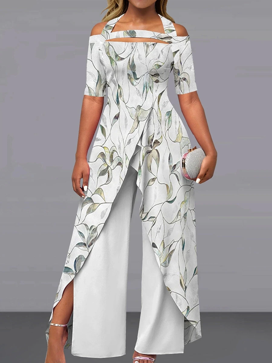 Female Elegant Wide Leg Party Fashion Office Lady Jumpsuit Casual Short Sleeve Print Romper Bodysuitposter girl Jumpsuits