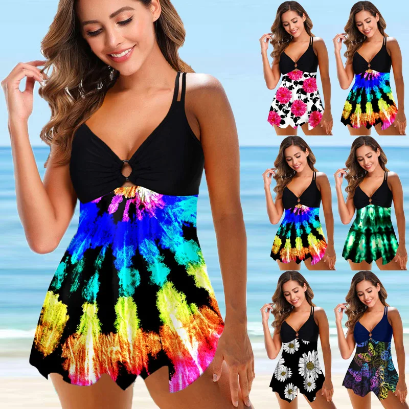 WomensLadiesFashionHalterSwimwearTwoPiecesBathingSuitPrintedTankiniTopBoyshorts