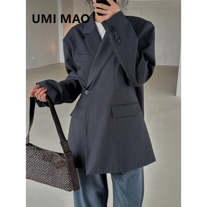 

UMI MAO Autumn New Korean Fashion Diagonal Button Stripe Blazers Loose Profile Back Split Casual Coat For Women