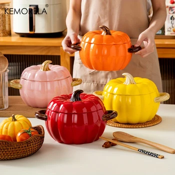 Pentola da forno olandese da 50 once con coperchio Piatto di zucca in ceramica Zucca di Halloween Pentola da dessert in ceramica Senza fiamme aperte Simpatico ciotola di zucca 1