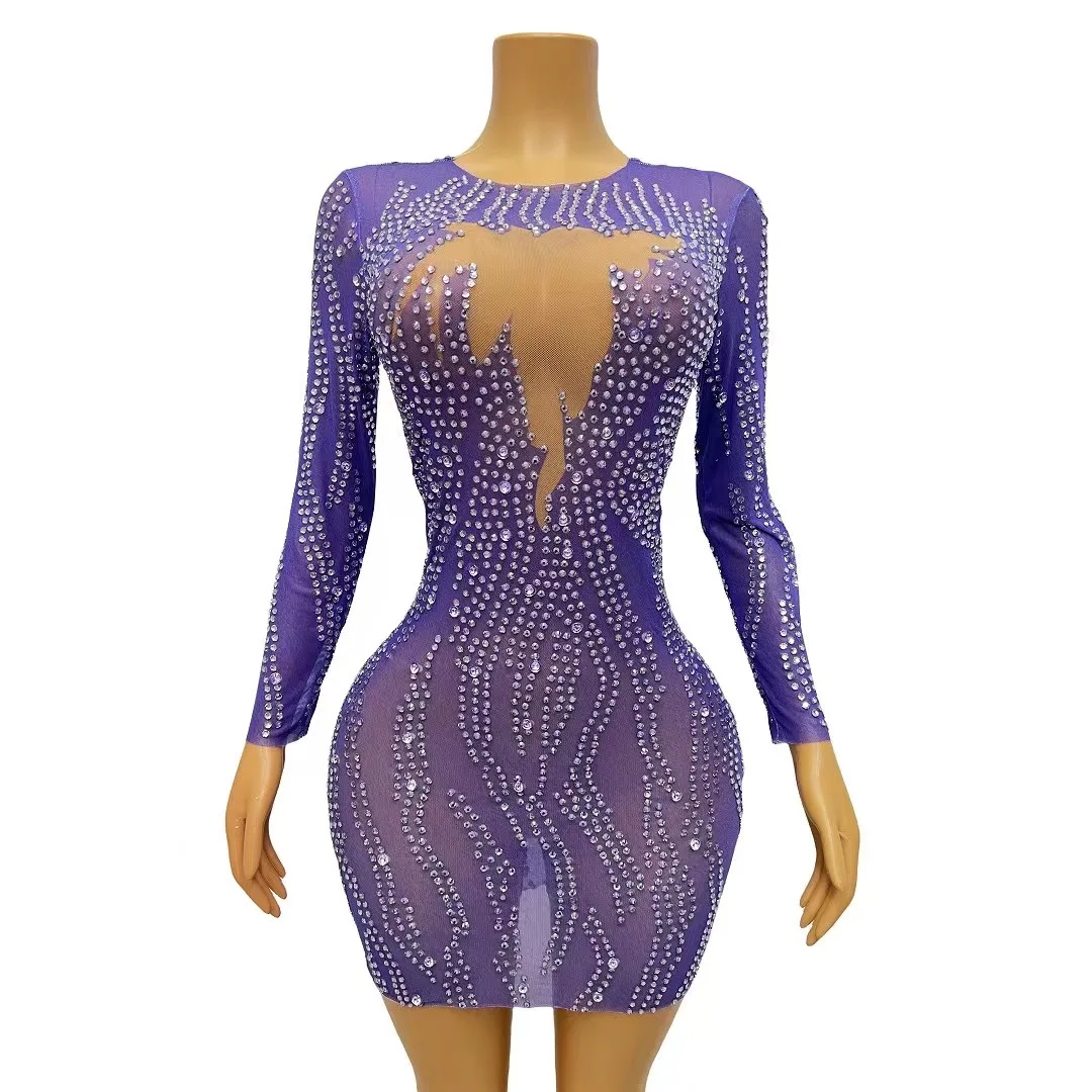 

Sexy Purple Silver Rhinestones Stretch Dress Birthday Celebrate Outfit Evening Stage Show Performance Dancer Costume zixu