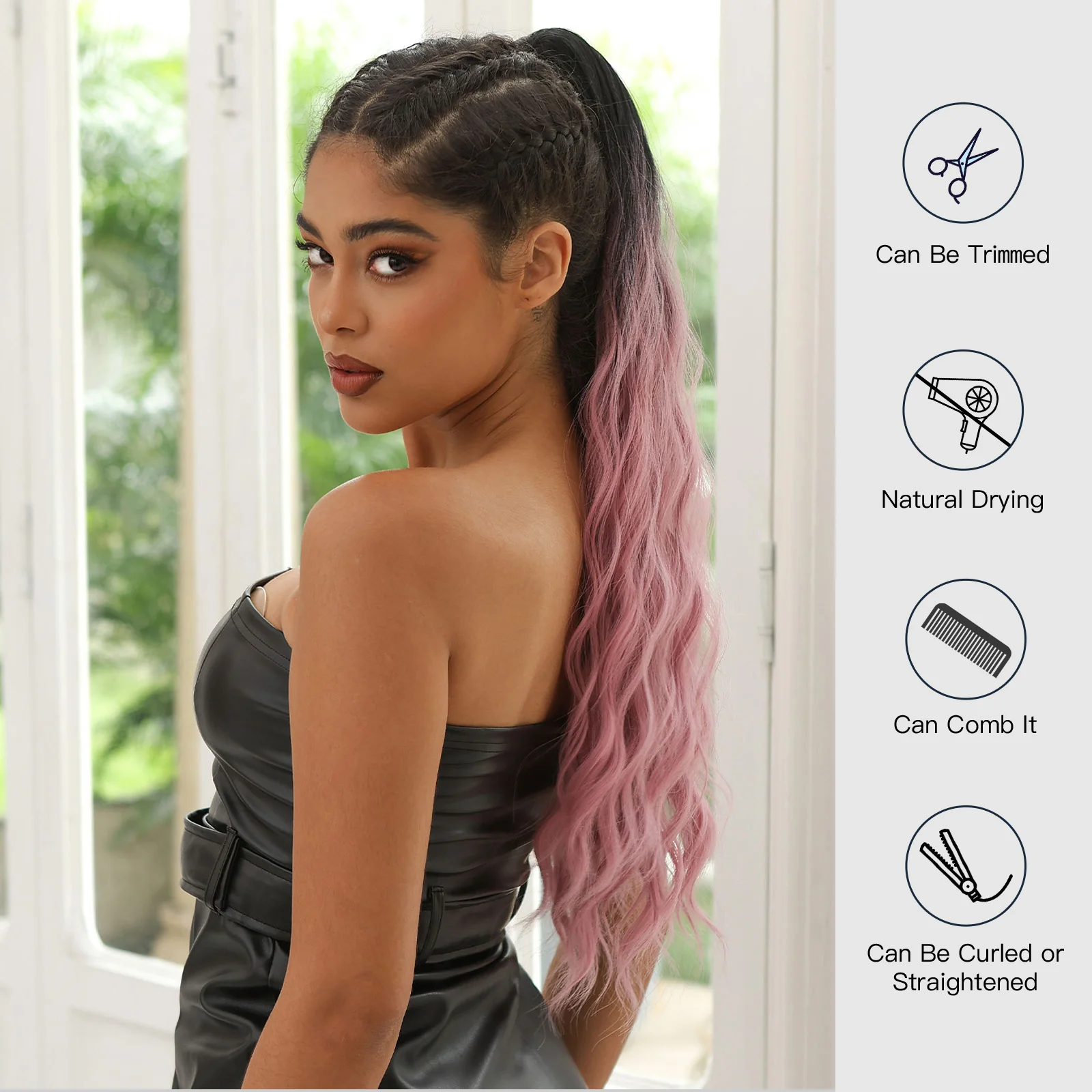 Pink Cheap Curly Ponytails with Clips