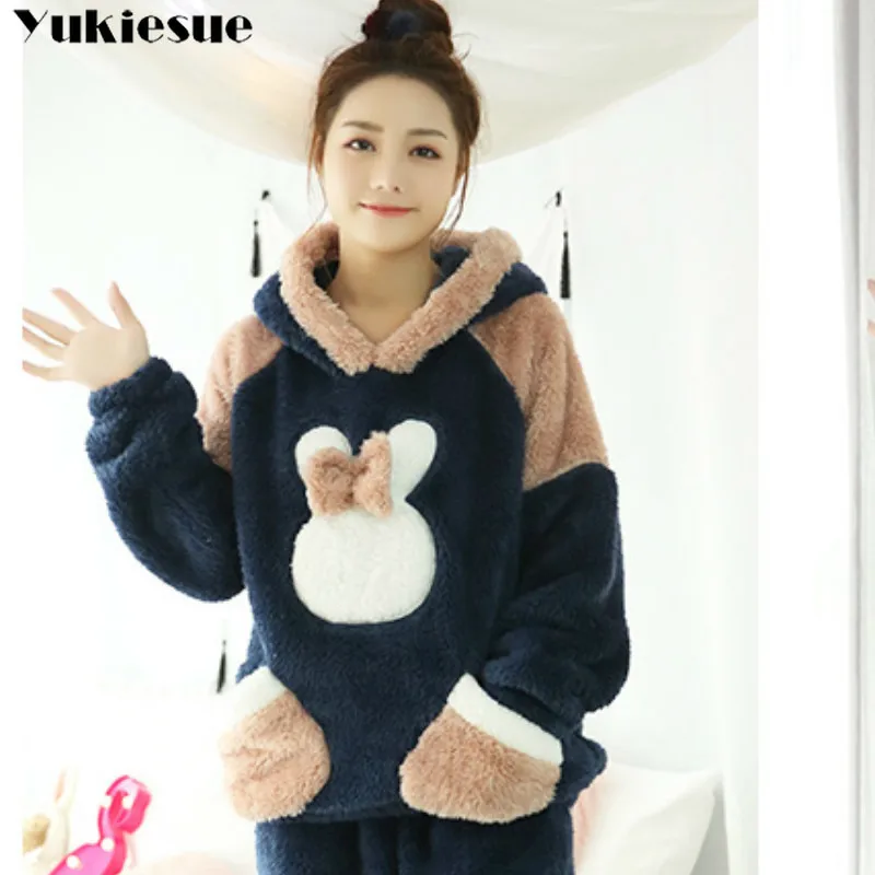 New Autumn Winter Women Flannel Pajamas Set Bear Hooded Pajamas Sleepwear Coral Fleece Thickened Warm Pyjamas Home Clothing