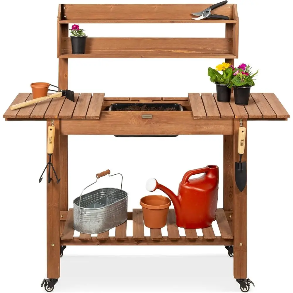 Outdoor Wooden Garden Potting Bench with Sliding Table, Dry Sink, Storage, and Locking Wheels