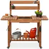 Outdoor Wooden Garden Potting Bench with Sliding Table, Dry Sink, Storage, and Locking Wheels
