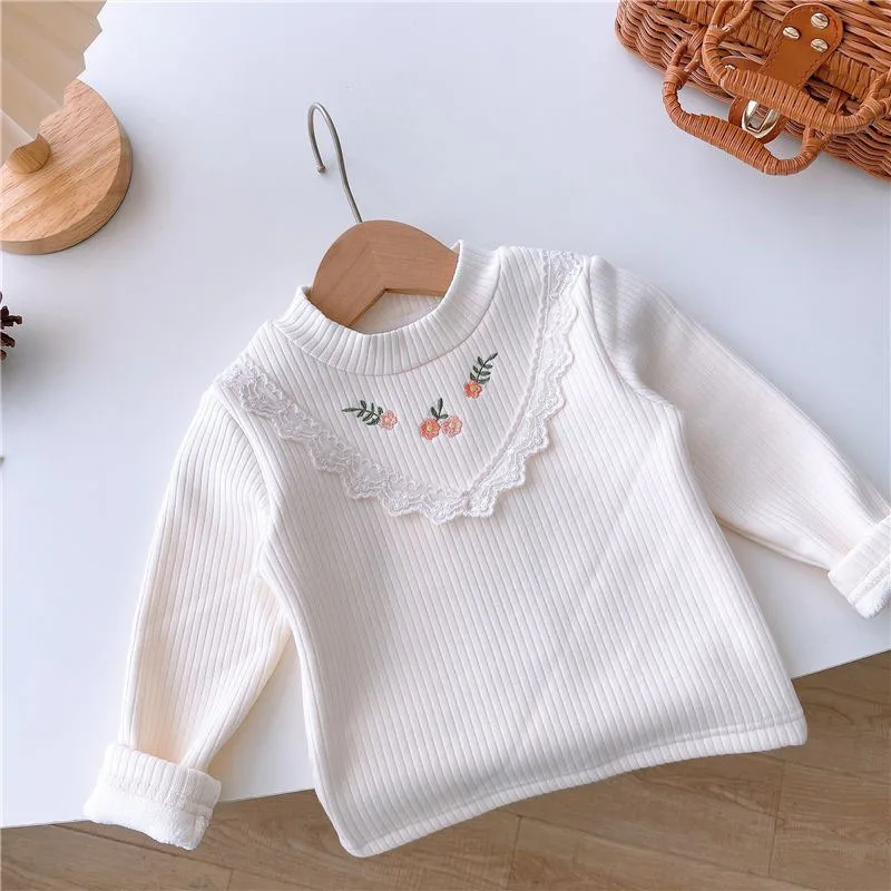 Girls Fleece Padded Shirts Cute Embroidery Flower Tops