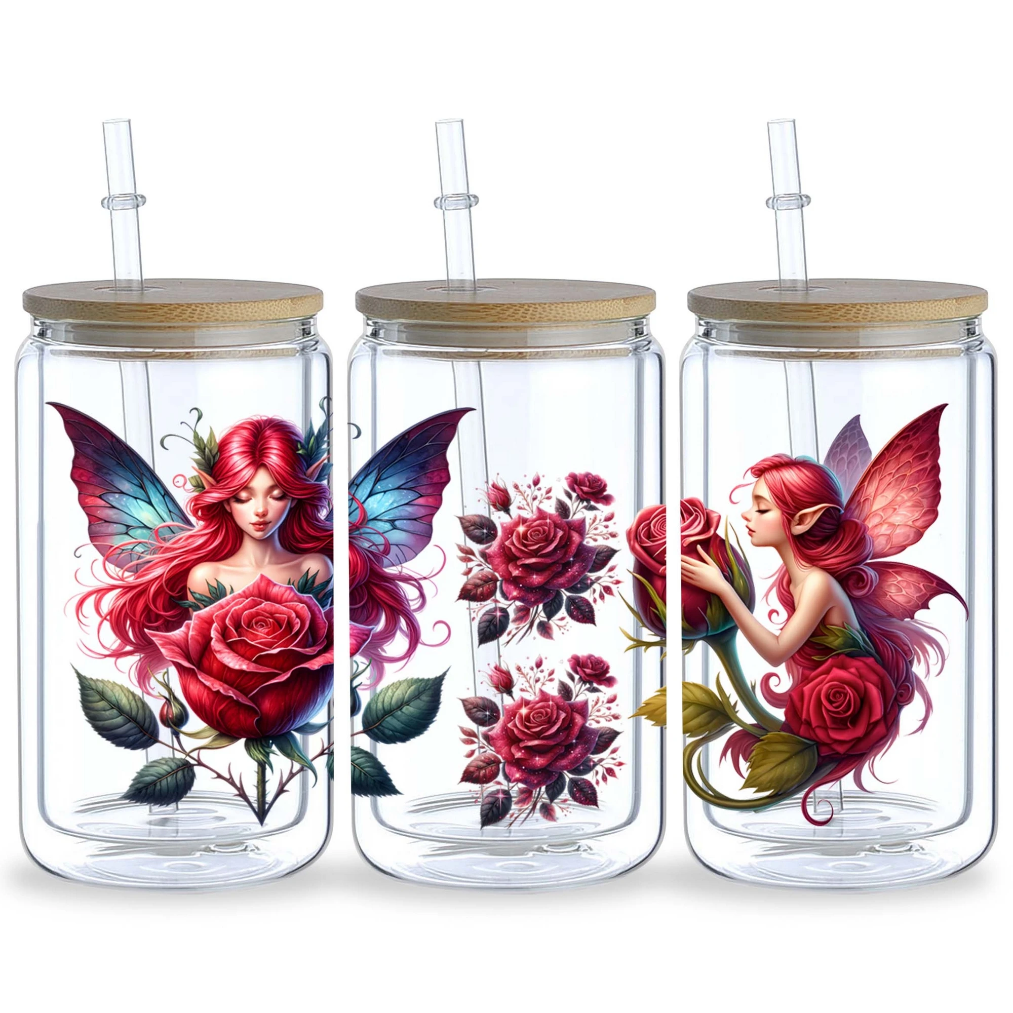 5sheets Flower Fairy UV DTF Cup Packaging for 16oz Glass Cup, Waterproof Beautiful Design Sticker Suitable for 16oz Glass Cup