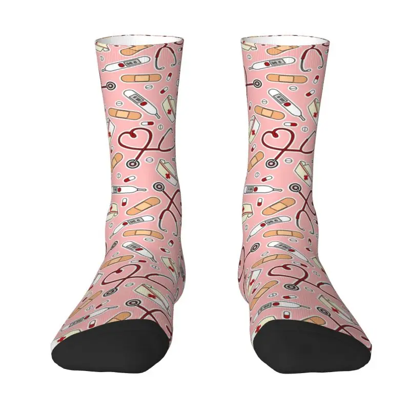 Fashion Printed Pink Cartoon Nurse Socks for Men Women Stretch Summer Autumn Winter Medical Nursing Crew Socks