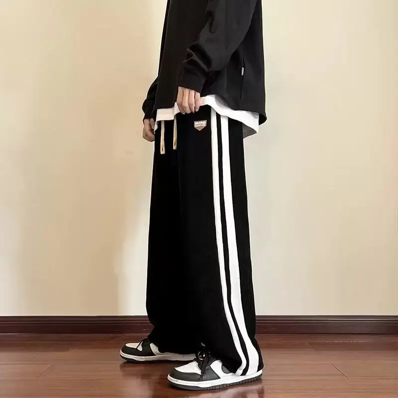 American Style Autumn Casual Pants Men's Corduroy Elastic Waist Drawstring Pocket Striped High Street Loose Straight Trousers