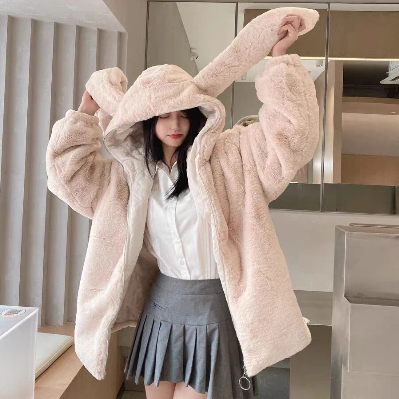 Winter Fury Coat Long Eared Rabbit Kawaii Zipper Up Coat Women