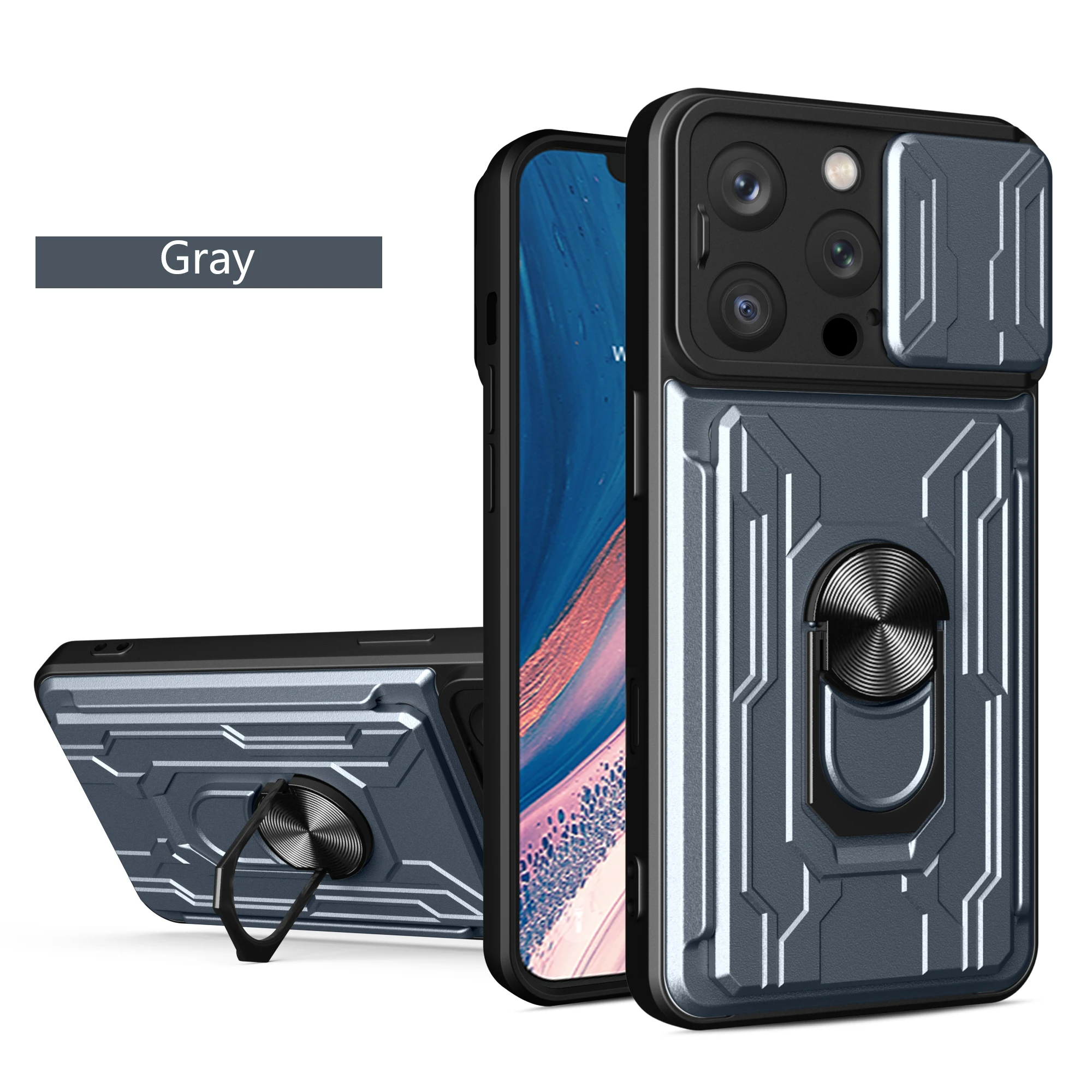 Heavy Duty Shockproof Phone Case with Card Pocket and Ring Stand Holder