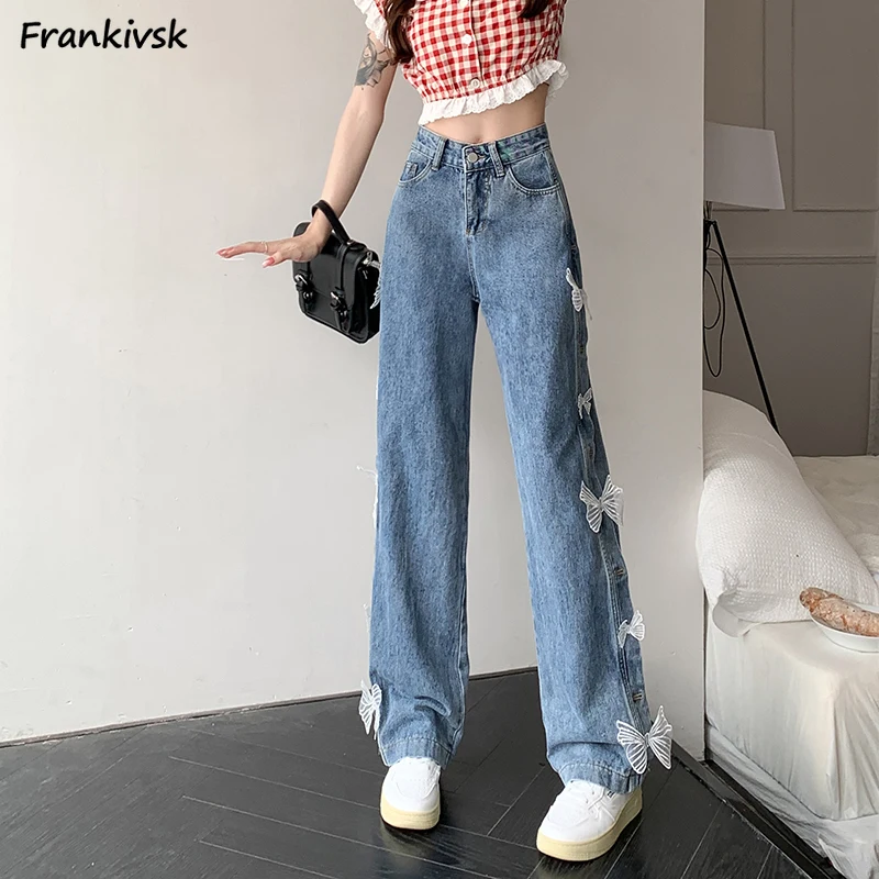 

Jeans Women Bow Summer Korean Preppy Style New Baggy High Waist Denim Trousers All-match Fashion Hipster Hotsweet College Daily
