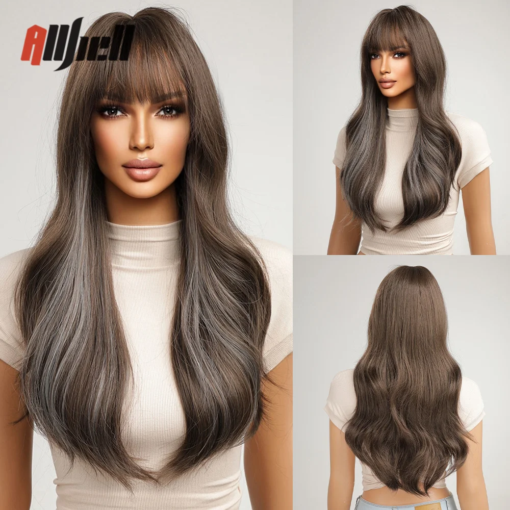 

Коричневые смешанные синие синтетические парики, длинный волнистый парик с челкой, косплей, искусственные волосы для женщин, афро, термостойкие волосы для ежедневного использования