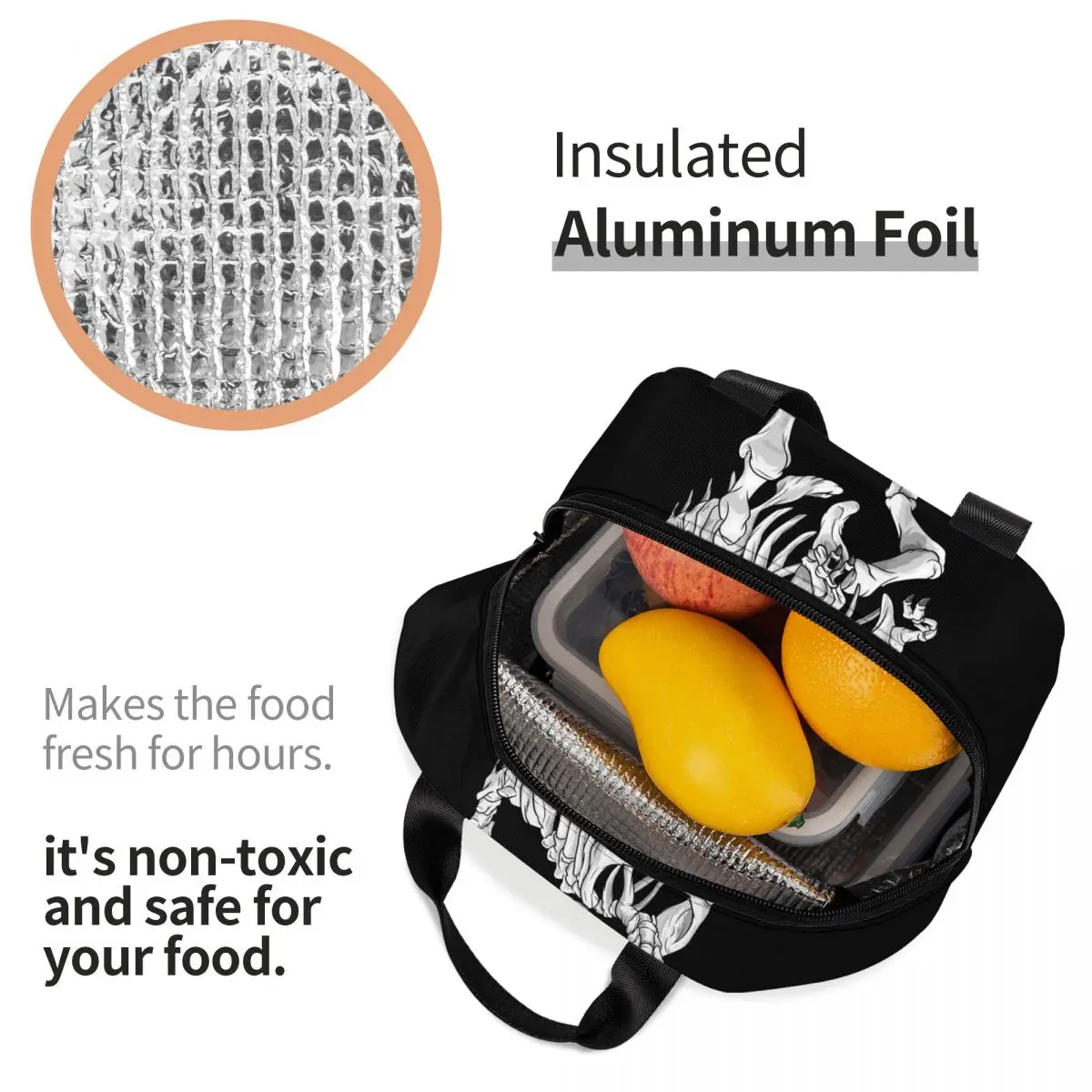 T-Rex Skeleton Dino Insulated Lunch Bag Waterproof Thermal Cooler Dinosaur Print Bento Box For Women Children School Food Bags
