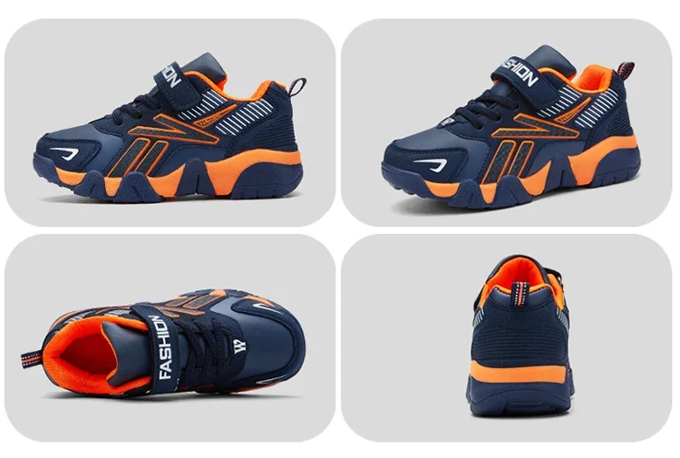 Boys Leather Sneakers - Kids Running Shoes With Rubber Outsole & Hook And Loop Closure