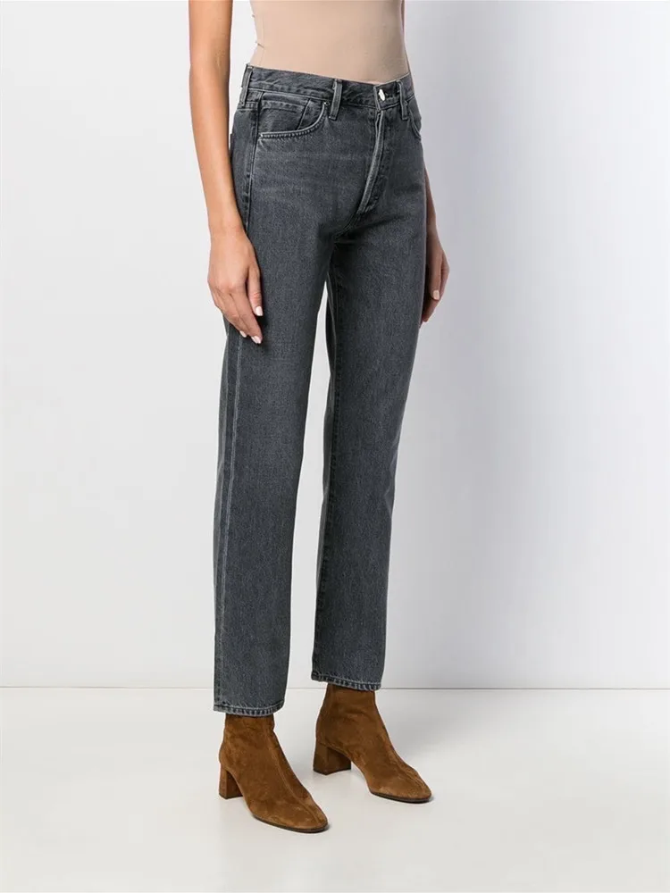 

New Women's High Waist Solid Color Casual Jeans 2023 Spring/summer Female Zipper Denim Straight Long Trousers