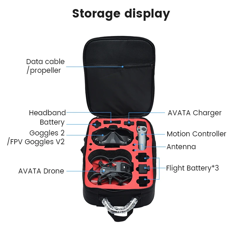 Vue de dessus du sac à dos de transport pour DJI Avata 2, avec poignée de transport et détails des coutures renforcées.