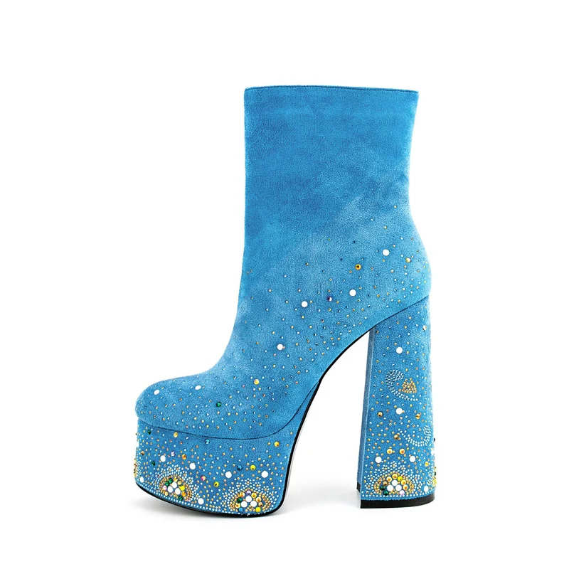 

Crystal Heart Drilled Block Heel Ankle Boots Blue Orange Suede Multi Rhinestone Platform Chunky Heels Short Boots Woman Zapatos