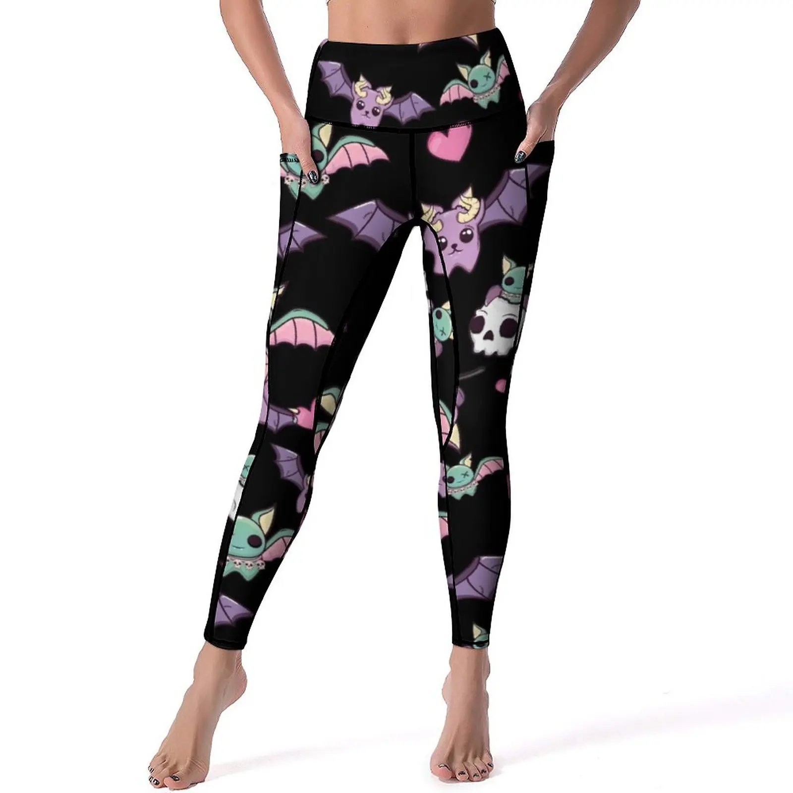 

Goth Bat Leggings Pockets Cute Skull Print Graphic Yoga Pants High Waist Work Out Yoga Legging Novelty Stretch Sport Pants