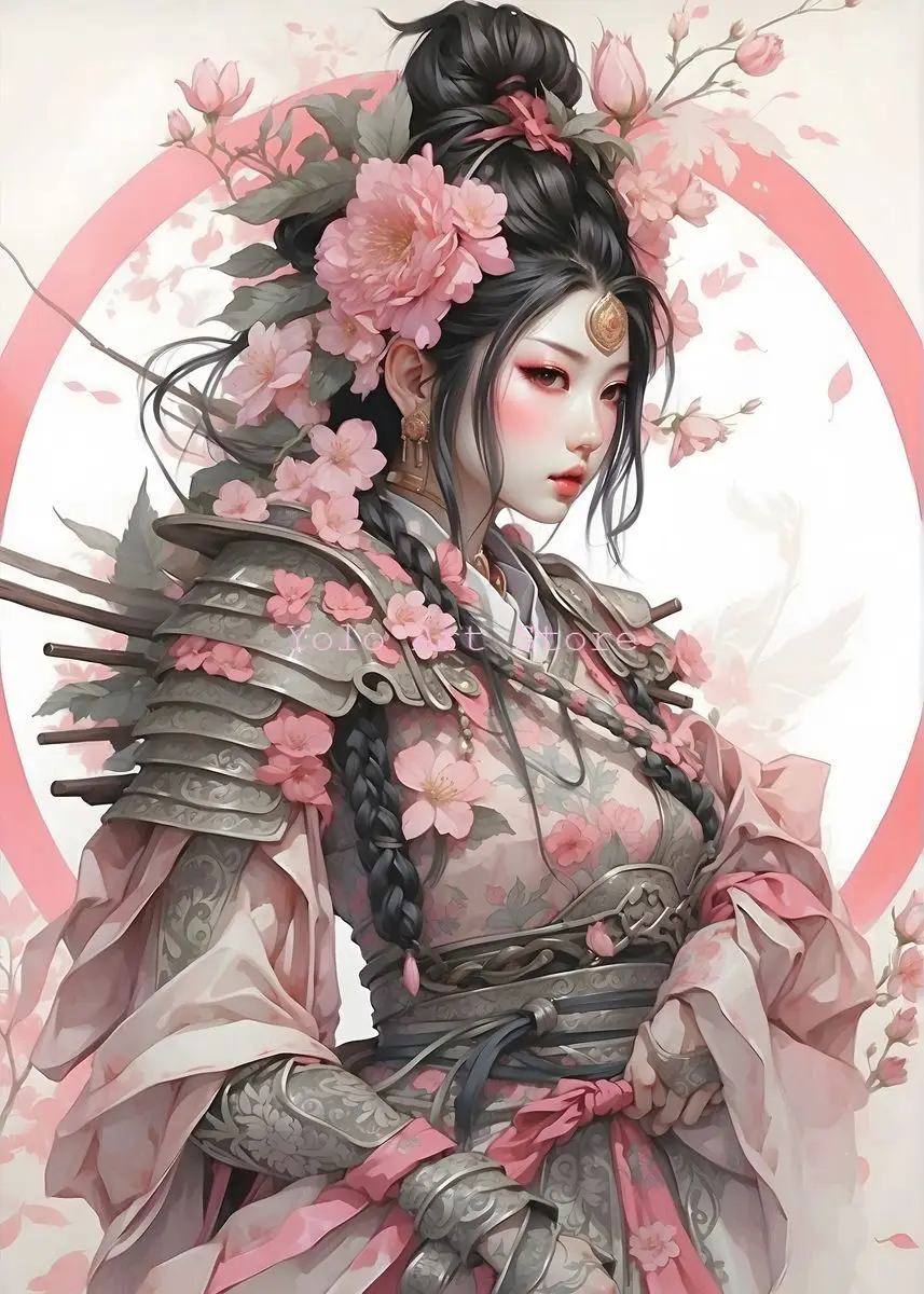 thumbnail image 1 of Póster y impresiones de mariposas y chicas de anime con flores samuráis japonesas modernas, impresión en lienzo, arte de pared, imagen para decoración de sala de estar y estudio, 1 of 5