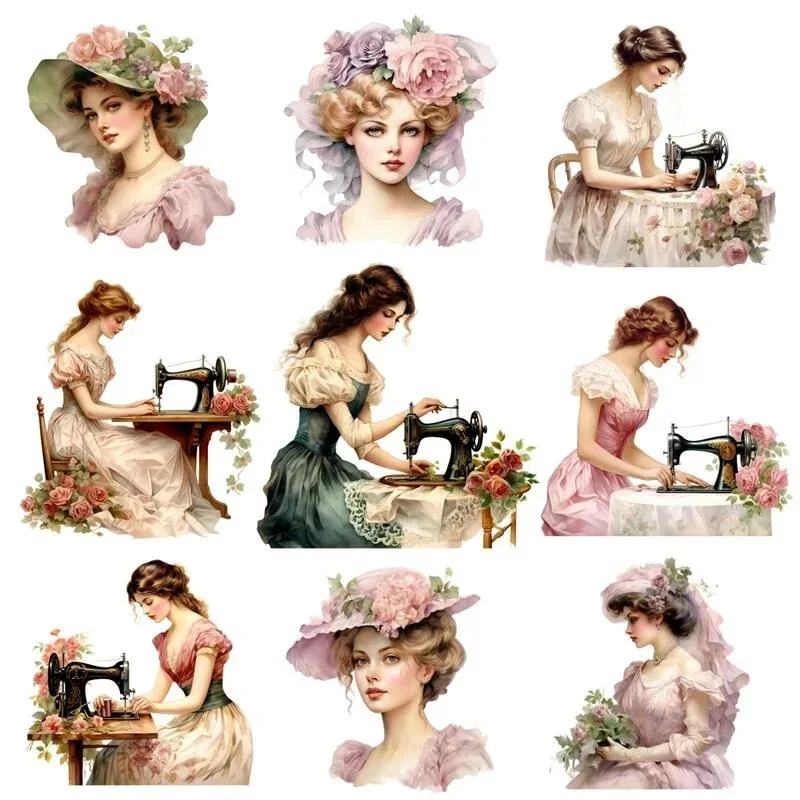 Aufkleber handgemalte Aquarell Retro Victoria Nähmaschine Mädchen Aufkleber DIY Sammelalbum Tagebuch Projekt Dekoration Vintage