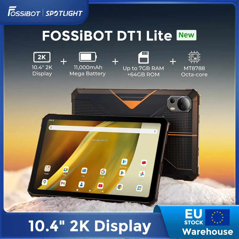 Fossibot Dt1 Lite, Tablet Robusto, Schermo Android 13,10.4 ''2K-Large, 4Gb Ram 64Gb Ram, Batteria 11000Mah, Quattro Altoparlanti Hi-Res Pad