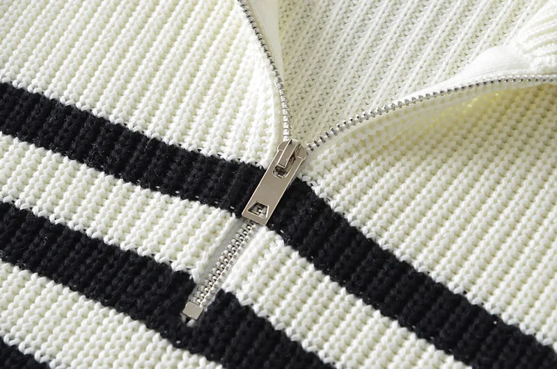 Women Striped Chunky Quarter Zip Collared Knit Sweater Jumper